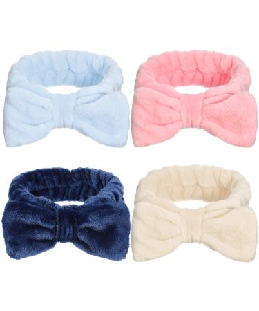 Heyu-Lotus 4 pieces Spa Bowknot Hair bands Coral Fleece Makeup Bow headband Elastic Cosmetic Herring strap for washing the face shower yoga sports skin care (beige pink blue navy))