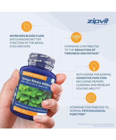 Ginkgo Biloba 6000mg Standardised Leaf Extract 360 Vegan Tablets with Vitamin B3 & B5 | Supports Focus, Mental Performance & Energy | Vegetarian Society Approved | 12 Months Supply - Buy Online on GoSupps.com