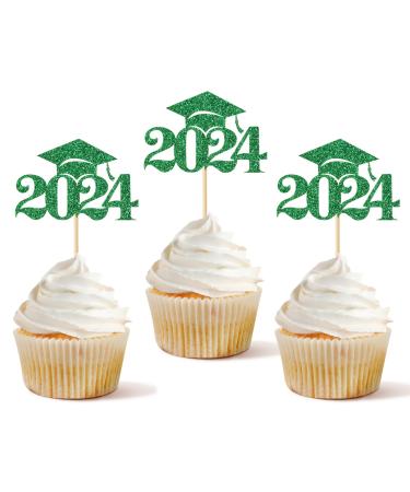 24 PCS 2024 Graduation Cap Cupcake Topper Glitter Class of 2024 Grad Hat Cupcake Picks for 2028 Graduation Theme Party Cake Decorations Supplies Green