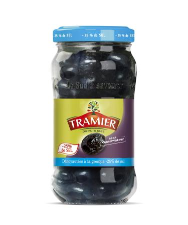 Tramier Pitted Black Greek Olives -25% Salt (1 x 220 g), table olives from Morocco, pitted olives ideal for aperitifs & recipes