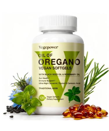 Oil of Oregano Vegan Softgels Oregano Oil with Black Seed Oil & Rosemary 4 in 1 Organic Oregano Capsules Supplement for Immune Support Digestion Health - Wild Non-GMO 120 Ct Oregano 120 Count (Pack of 1)
