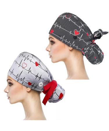 YUESUO 2 Pack Working Cap with Buttons and Sweatband Cotton Working Hats with Adjustable Ponytail Pack Ribbon Tie Back Hats for Women & Men Long Hair Head Covers Shower Caps (I)