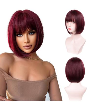 Aida ble Bob Wigs with Bangs Burgundy Wig for Women Wine Red Wig Short Straight Wig Heat Resistant Fiber Synthetic Wig Halloween Cosplay 99J Colorful Wigs Party Wig