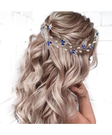 Flatser Blue Crystal Wedding Hair Vine Silver Pearl Rhinestone Bridal Headpiece Maple Leaf Bride Hair Piece for Women