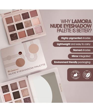 Lamora Nude Eyeshadow Palette - 12 Neutral Pigmented Matte & Shimmer Makeup Shades - Travel Size Eye Shadow With Mirror Nude Neutral Natural - Buy Online on GoSupps.com
