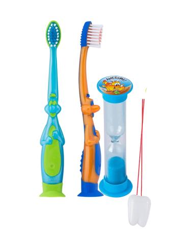 Prehistoric Dino Adventure Inspired 3pc. Bright Smile Oral Hygiene Set! T-Rex Toothbrush & Dinosaur Brushing Timer! Plus BonusRemember to Brush Visual Aid!