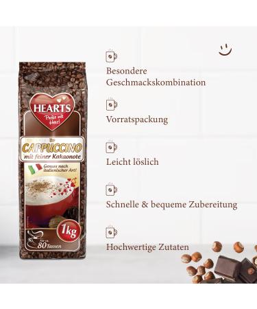Hearts Cappuccino with a fine cocoa note 5 x 1 kg instant coffee powder intense aroma milky creamy easily soluble pack of 5 enough for 400 cups - Buy Online on GoSupps.com