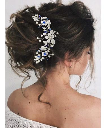 IYOU Pearl Wedding Hair Vine Blue Flower Hair Accessories Crystal Headband Prom Bridesmaid Bride Hair Piece for Women - Buy Online on GoSupps.com