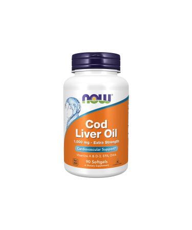 NOW Supplements, Cod Liver Oil, Extra Strength 1,000 mg with Vitamins A & D-3, EPA, DHA, 90 Softgels 90 Count (Pack of 1)