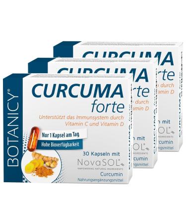 Botanicy Curcuma Forte 3 Pack - Liquid Novasol Curcumin Plus Vitamins C and D - High bioavailability high -dose hormone -free - 90 turmeric capsules 90 pieces (3 -pack)