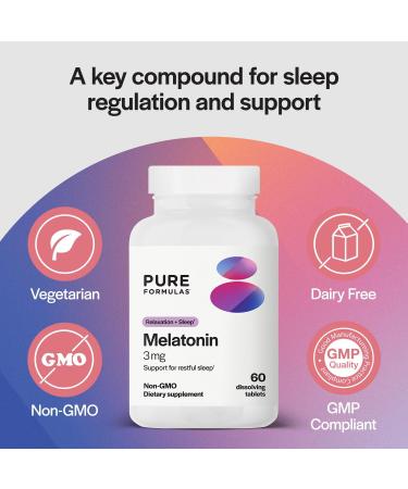 PureFormulas - Melatonin 3 mg - Supports Circadian Rhythms Restful Sleep and Relaxation - Pure Melatonin 300 mcg Antioxidant Soy-Free Dairy-Free - 60 Tablets - Buy Online on GoSupps.com