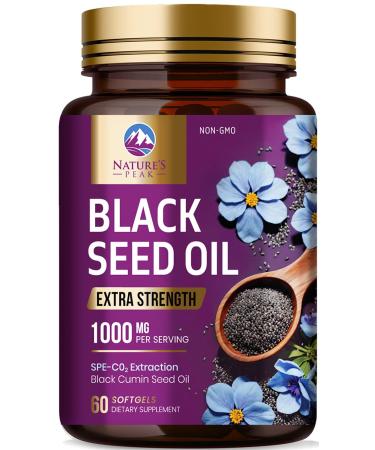 Black Seed Oil 1000mg - Premium Extra Strength Nigella Sativa Blackseed Oil - Black Seed Oil Skin Digestive Health & Immune Support - Non-GMO Antioxidant Gluten Free Supplement - 60 Softgels 60 Count (Pack of 1)