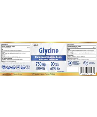 Herba Glycine Supplement 750mg - 180 Capsules | 99% Ultra Pure Glycine Capsules | Free-form Proteinogenic Amino Acids Supplements | Made in Canada - Buy Online on GoSupps.com