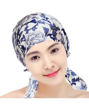 Silk Sleep Caps for Women 100% Mulberry Silk Night Cap Adjustable Bonnet Cap Cover for Hair Beauty Chemo Sleep Hat One Size Blue Flowers