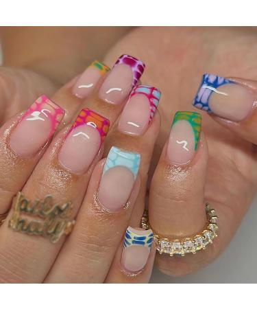 MISUD Press on Nails Short Square Fake Nails Colorful French Tip Acrylic Nails Glossy Glue on Nails Summer Squoval Artificial Nails Rainbow Edge Stick on False Nails with Design 24 pcs 04601Colorful