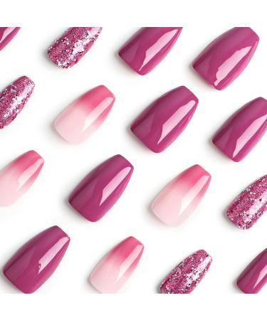 Purple Gradient Glitter Coffin False Nails - 24Pcs Press on Nails with Nail Glue for Women & Girls - Buy Online on GoSupps.com