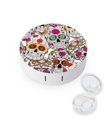 Halloween Sugar Skulls Round Case For Contact Lens Kit Storage Box with Mirror Printed