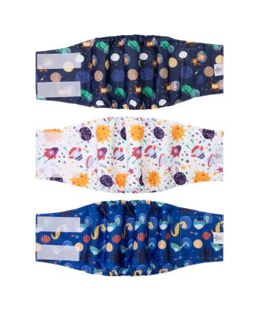 Cuteebone male washable dog diapers belly bands 3 pieces reusable dog belly band for male high-suction dog wraps with flexible Velcro dm37l-de Krocodil & dinosaur & rocket L (43-53.5cm)