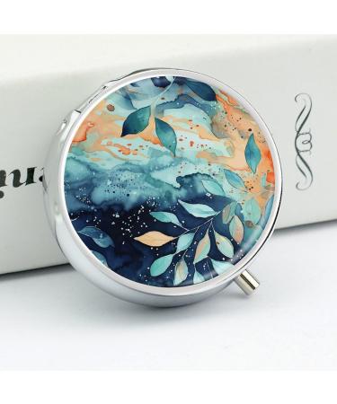 Round Watercolor Pattern Pill Box - 3 Compartment Portable Medicine Organizer | Decorative Metal Pocket Pill Case - Style 12 - Buy Online on GoSupps.com