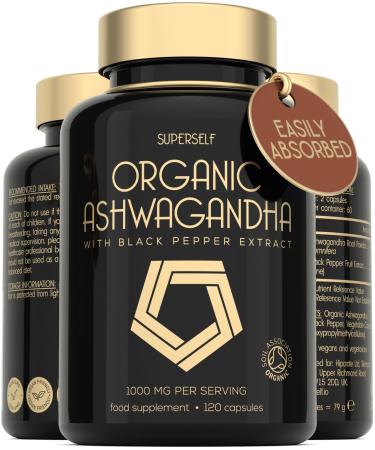 Organic Ashwagandha High Strength - 1000mg Ashwagandha Capsules - Pure Ashwagandha Powder with Black Pepper - 120 Ashwaganda Tablets Herbal Vegan Supplement - UK Organic Certified by Soil Association 120 Count (Pack of 1)