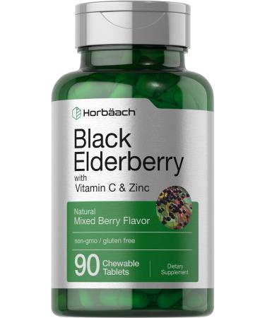 Horbaach Black Elderberry with Vitamin C and Zinc | 90 Chewable Tablets | Mixed Berry Flavor | Immune Support Complex | Vegetarian Non-GMO and Gluten Free Supplement 90 Count (Pack of 1)