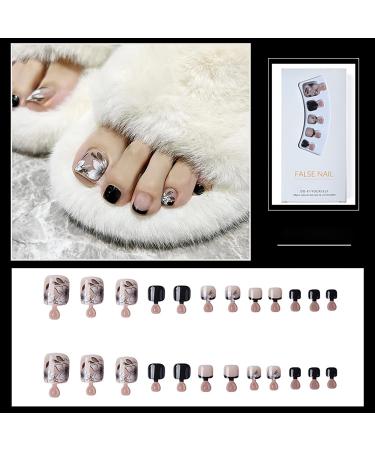 OLIUKJU French Tips Press on Toenails - Black and Nude Square Fake Nails with Flower Design - 24Pcs - Buy Online on GoSupps.com
