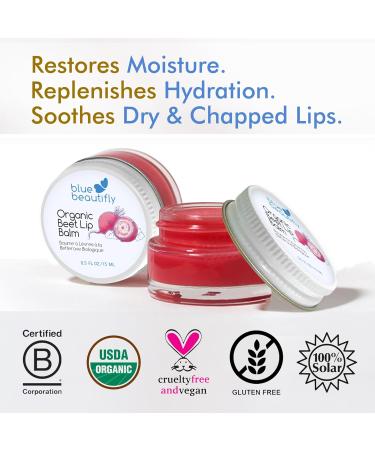 Blue Beautifly Beet-Infused Organic Lip Balm | Hydrating & Moisturizing Tinted Gloss with Peppermint Oil | 2 Pack | USDA Certified | Vitamin E & Jojoba Oil - Buy Online on GoSupps.com