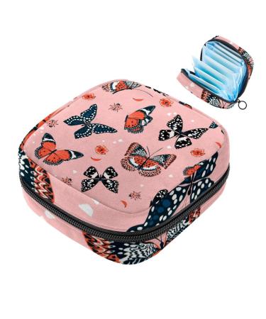Menstruation pad bag with zipper women's napkin bag tampons collecting bags for women and girls (sweet butterflies flying ladybug pattern)
