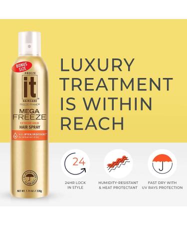 IT Haircare MEGA Freeze Extreme Hold Hair Spray | 7.75 Oz. | Vitamin B5 & Hydrolyzed Wheat Protein | Humidity Resistant | Optical Brighteners for Enhanced Shine | 24 Hour Hold Fast-Dry | Bonus 4 Pack - Buy Online on GoSupps.com