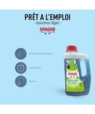 SPADO - Organic drain cleaner - Unblocks cleans and deodorises - Removes clogs dirt and odours - Compatible with septic tanks and grease trays - No soda or acid - 1L - Made in France - Buy Online on GoSupps.com