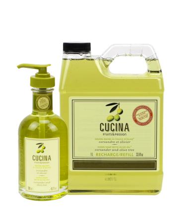 Cucina Fruits & Passion Coriander and Olive Tree Hand Soap Set 6.7 fl oz Glass Bottle and 33.8 fl oz Refill Made in Canada
