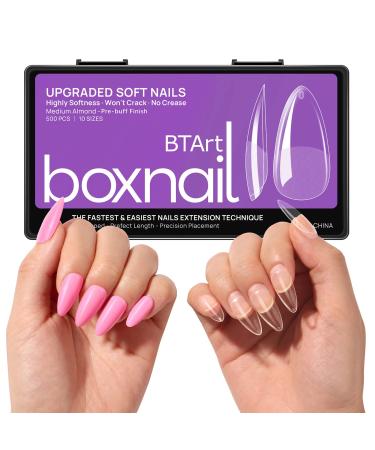Soft Gel Nail Tips Almond - BTArtbox 500pcs Supremely Fit & No E-file Needed False Nails, Soak Off Full Cover Fake Nail Tips for Acrylic Nails Professional Extension with Case, 10 Size B-Soft Gel Medium Almond - Pre-buff