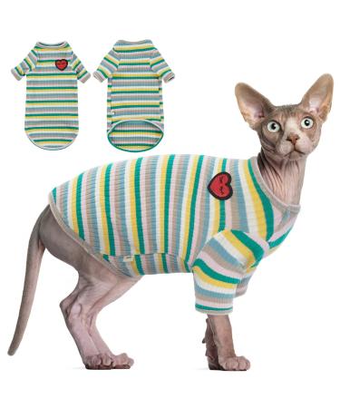 Hairless cat cotton clothing breathable summer t-shirts stripes vest pet clothing soft skin-friendly cats clothing cat pajama jumpsuit for sphynx cornish rex devon rex xs (2.2-3.3lb) green