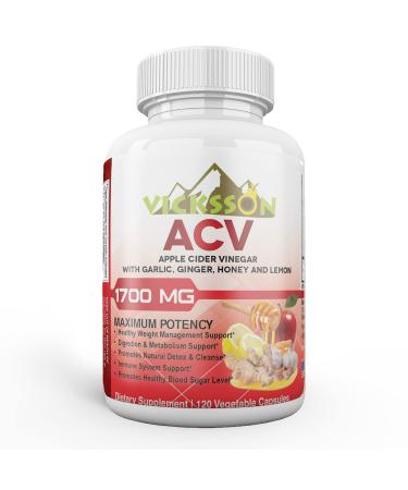 Vicksson Apple Cider Vinegar Pills 1700 mg of ACV with Garlic Ginger Lemon & Honey for Weight Detox Cleanse Appetite Blood Sugar Bloating Metabolism & Immune Support | 120 Capsules
