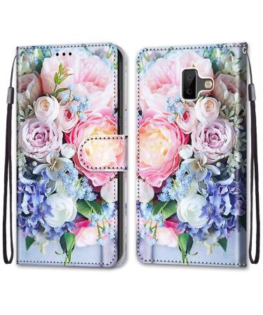 Nadoli mobile phone case leather for Samsung Galaxy J6 Plus colorful painted pink bouquet carrying cup card box magnetic stand protective cover wall pocket leather bag bag case case Samsung galaxy j6 plus pink bouquet