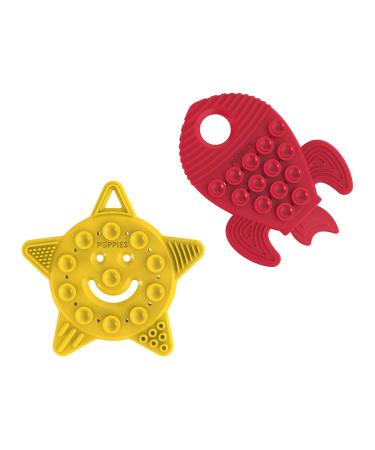 POPPIES Smiley The Star (Yellow) and RED The Rocket (Red) Bundle   Silicone Sensory Toy   BPA-Free   Infant Teether  Sensory  Bath Toy with Suction Cups and Textures to Stimulate Development