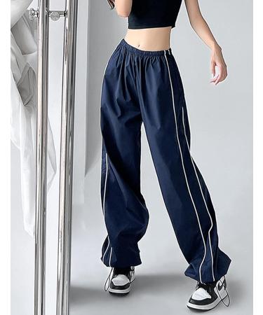 Himosyber Women's Navy Y2K Parachute Pants - Elastic Waist Baggy Track Trousers | Medium - Buy Online on GoSupps.com