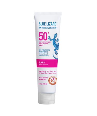 Blue Lizard BABY Mineral Sunscreen with Zinc Oxide  SPF 50+  Water Resistant  UVA/UVB Protection with Smart Cap Technology - Fragrance Free    5 oz. Tube 5 Ounce (Pack of 1)