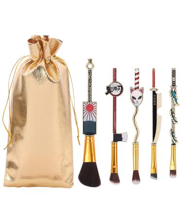Cute Demon Slayer Makeup Brushes - Anime Kimetsu No Yaiba Figure Tanjirou Nezuo Metal Cosmetic Brush Set for Eye Shadow Conceal Foundation Rouge (001 Demon Slayer)