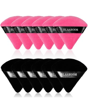 12 Pieces Velour Pure Cotton Powder Puff Face Makeup Triangle Powder Puffs for Loose Powder Wet Dry Cosmetic Foundation Beauty Sponge Makeup Tools -Black Rose Red Black and Rose Red