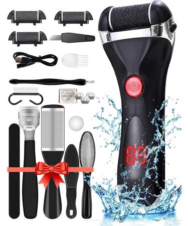 Jooayou Foot File Electric for Hard Skin USB Rechargeable Waterproof Foot Scrub Callus Remover with 3 Pumice Stone Rollers & 10 in 1 Foot Scraper Set Foot Care Tool for Dry Dead Cracked Heel Black