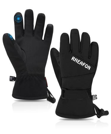 RHEAFON 0F Waterproof Kids Ski Snow Gloves for Childen 5-Layer Thick Warm Windproof Winter Bicycle Cold Weather Gloves for Boys and Girls with Anti-Lost Buckle Black Small