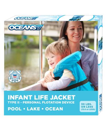 Oceans 7 US Coast Guard Approved Infant Life Jacket 8-30 lbs  Type II PFD Flex-Form Chest Personal Flotation Device, Blue/White