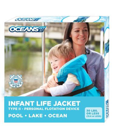 Oceans 7 US Coast Guard Approved Infant Life Jacket 8-30 lbs  Type II PFD Flex-Form Chest Personal Flotation Device, Blue/White