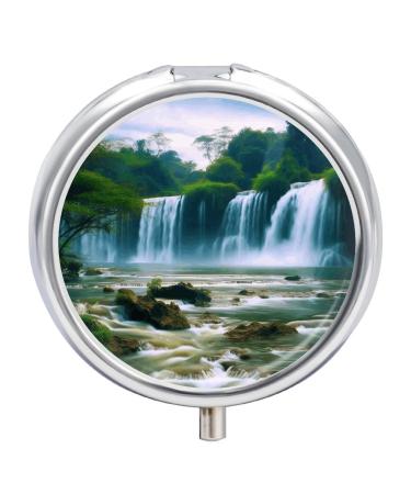 Pill Box Pill Case 3 Compartment Travel Pill Box Waterfall Scenery Printing Small Pill Box Portable Medicine Pill Case Pill Organizer for Purse & Pocket for Travel Handbag (Round)