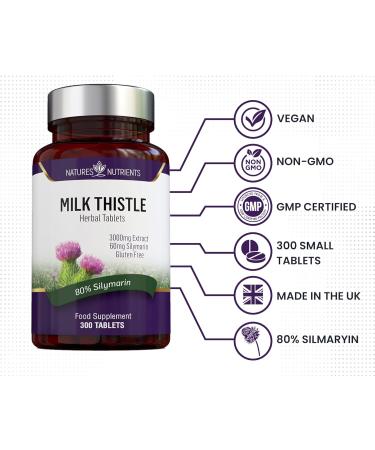 High Strength 3000mg Milk Thistle Supplement - 300 Tablets - 10 Months Supply - 80% Silymarin - Vegan Friendly - GMO-Free - Gluten-Free - Made in UK - Buy Online on GoSupps.com