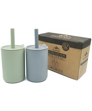 Cascade Kids Silicone Kids Cups with Straws and Lids (2 Pack) Non Plastic BPA-Free Unbreakable Smell Proof for Kids and Toddlers 6+ Months 6oz (Sage Green Stone Grey) Green and Grey
