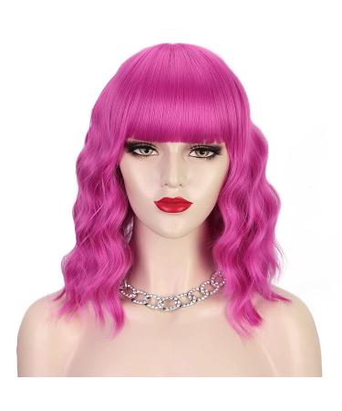 AISI BEAUTY Hot Pink Bob Wavy Wig with Bangs - 14 Inch Synthetic Hair Colorful Wig for Women - Perfect for Halloween Costume & Cosplay - Buy Online on GoSupps.com