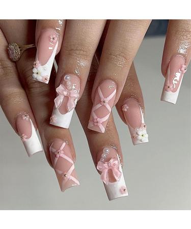 White French Tip Press on Nails Medium Long Fake Nails 3D Bow Pearls Flower Charm Glue on Nails Square Acrylic Nails Press ons Full Cover False Nails Glossy Stick on Nails for Women 24 Pcs