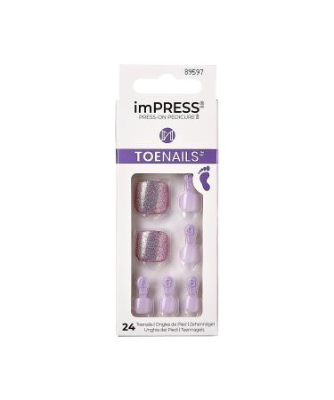 KISS imPRESS No Glue Pedi Press-On Toenails Light Purple Lilac Glitter Squoval Shape Includes 24 Nails Prep Pad 1 Manicure Stick 1 Mini File Satisfied